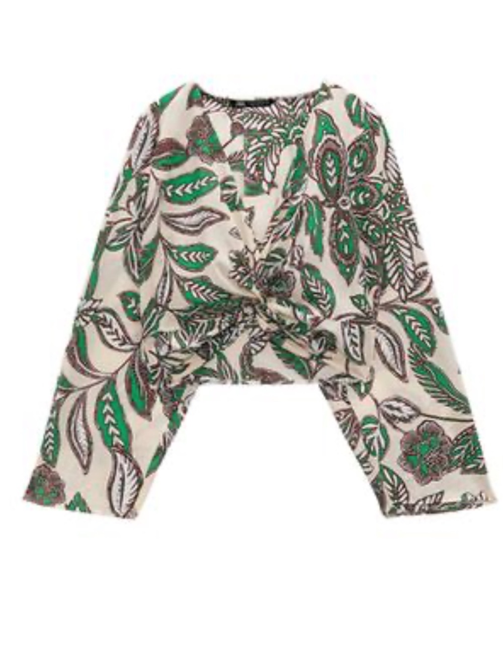 Zara XS Printed Knot Front Cropped Blouse  Green Leaf Brown V Neck Long Sleeve